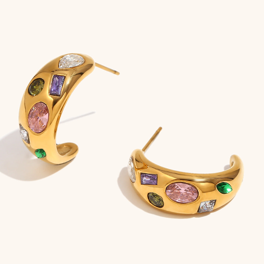 Geometric Moon Stud Earrings – 18K Gold with Micro-Pavé Colorful Gemstones