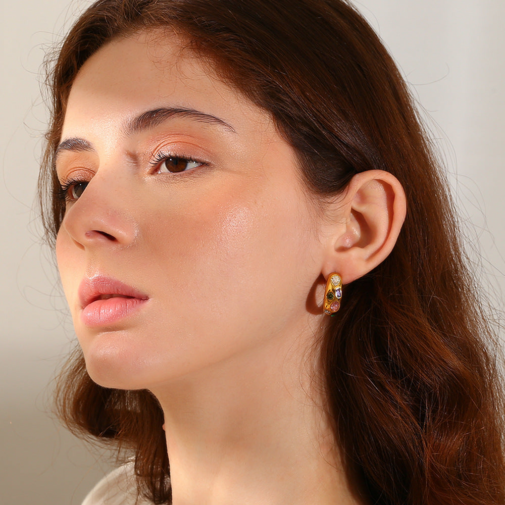 Geometric Moon Stud Earrings – 18K Gold with Micro-Pavé Colorful Gemstones