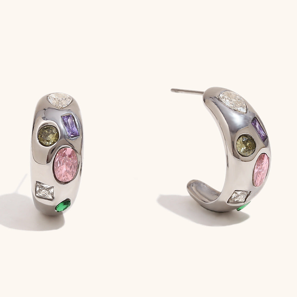 Geometric Moon Stud Earrings – 18K Gold with Micro-Pavé Colorful Gemstones