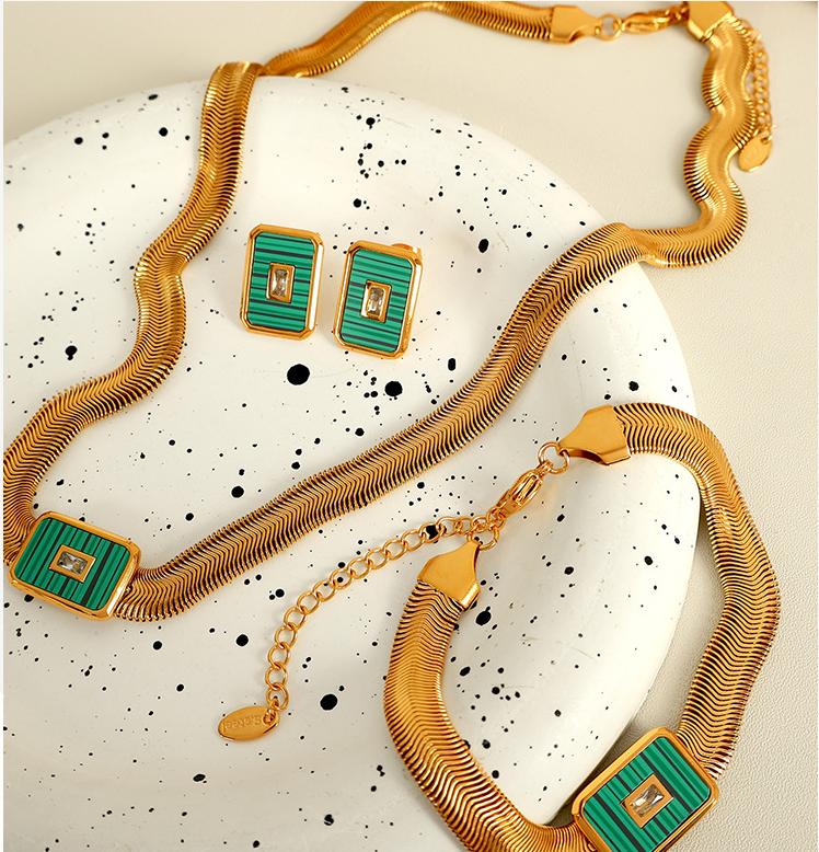 Flat Snake Chain Jewelry Set – Shell and Turquoise Necklace with Coordinated Bracelet & Earrings