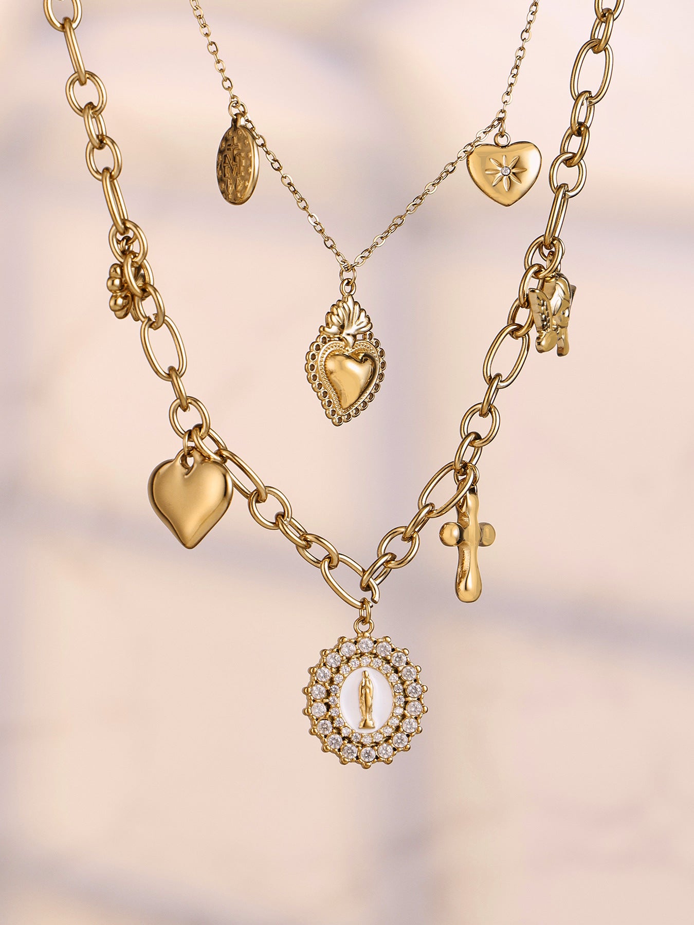 Oil Drip Goddess Round Pendant with Multiple Cross Charms Choker Necklace