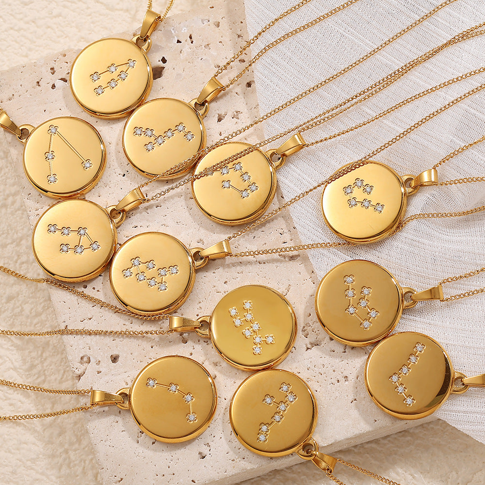 Zodiac Pendant Necklace with Diamond Inlay – 12 Astrological Sign Round Charms