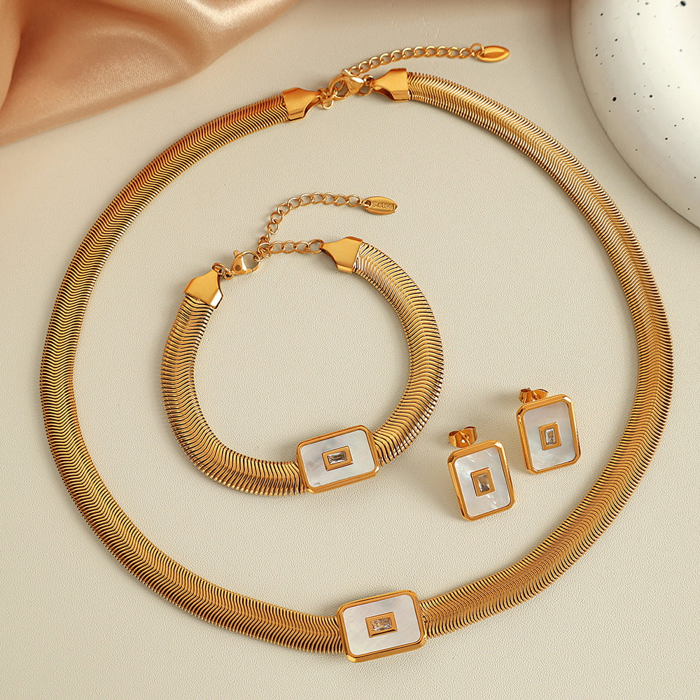 Flat Snake Chain Jewelry Set – Shell and Turquoise Necklace with Coordinated Bracelet & Earrings