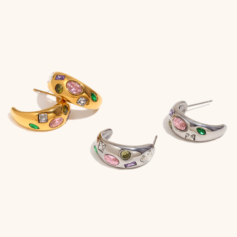 Geometric Moon Stud Earrings – 18K Gold with Micro-Pavé Colorful Gemstones