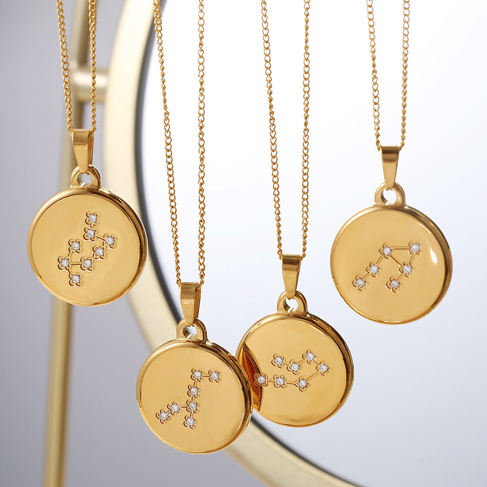 Zodiac Pendant Necklace with Diamond Inlay – 12 Astrological Sign Round Charms