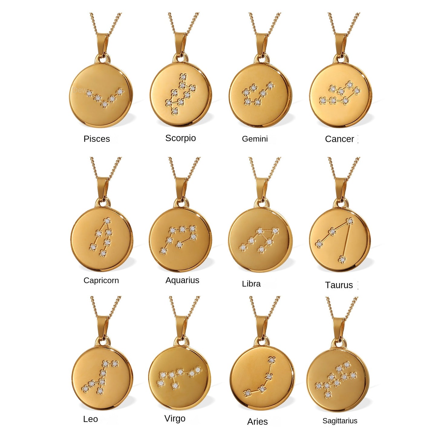 Zodiac Pendant Necklace with Diamond Inlay – 12 Astrological Sign Round Charms