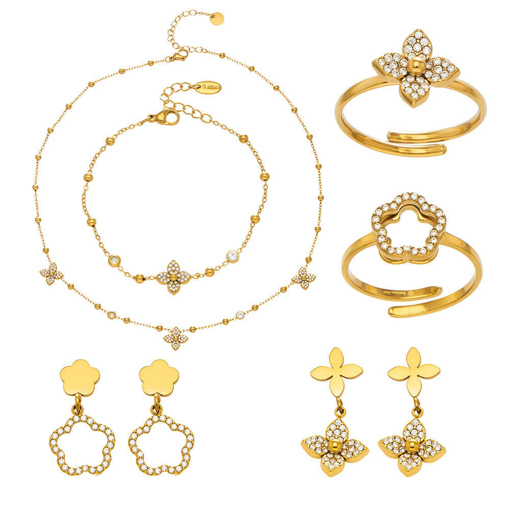 18K Gold Plated Floral Zirconia Bead Necklace & Bracelet Set with Geometric Earrings & Rings Jewelry Set