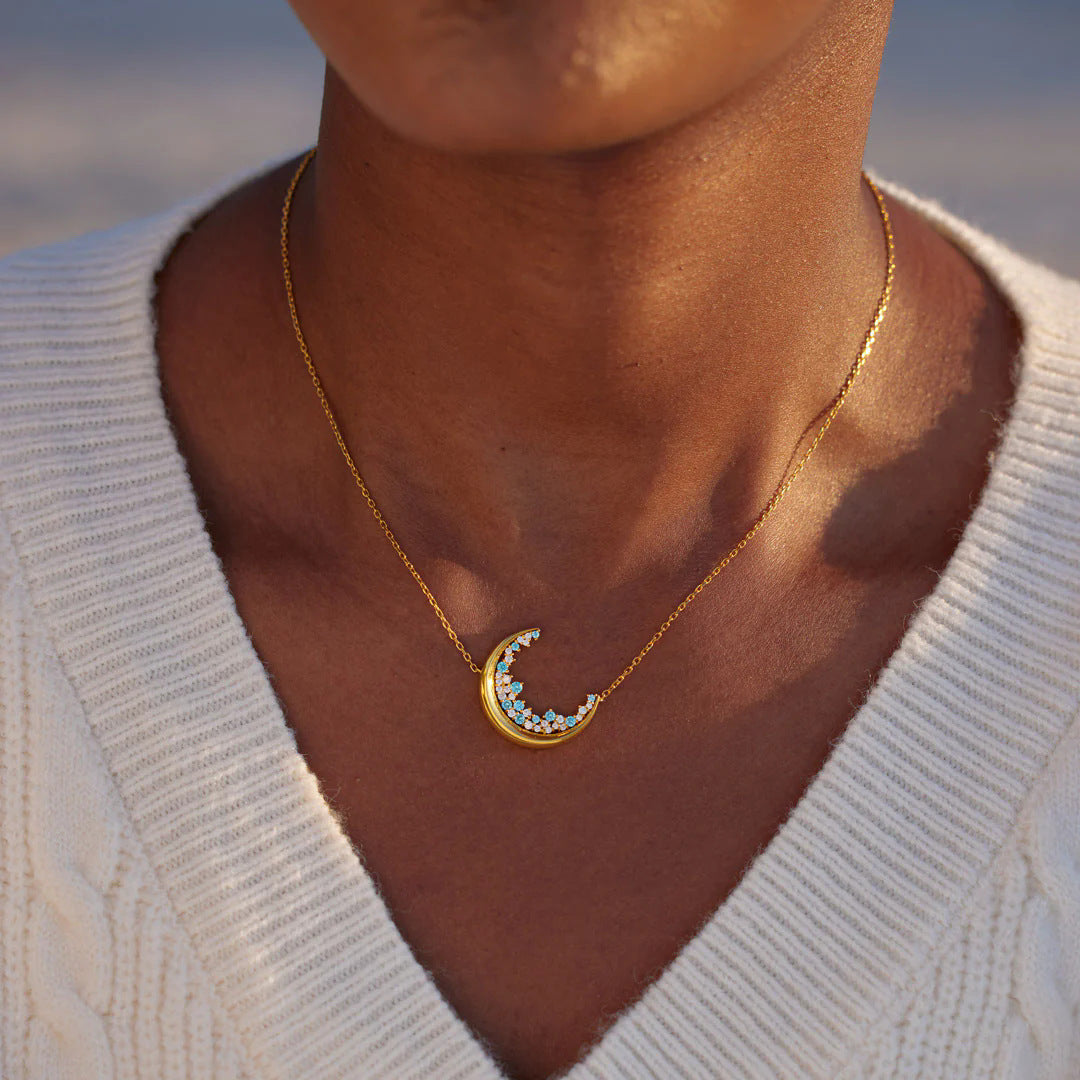 18K Gold Blue Glow Moonstone Zircon Necklace