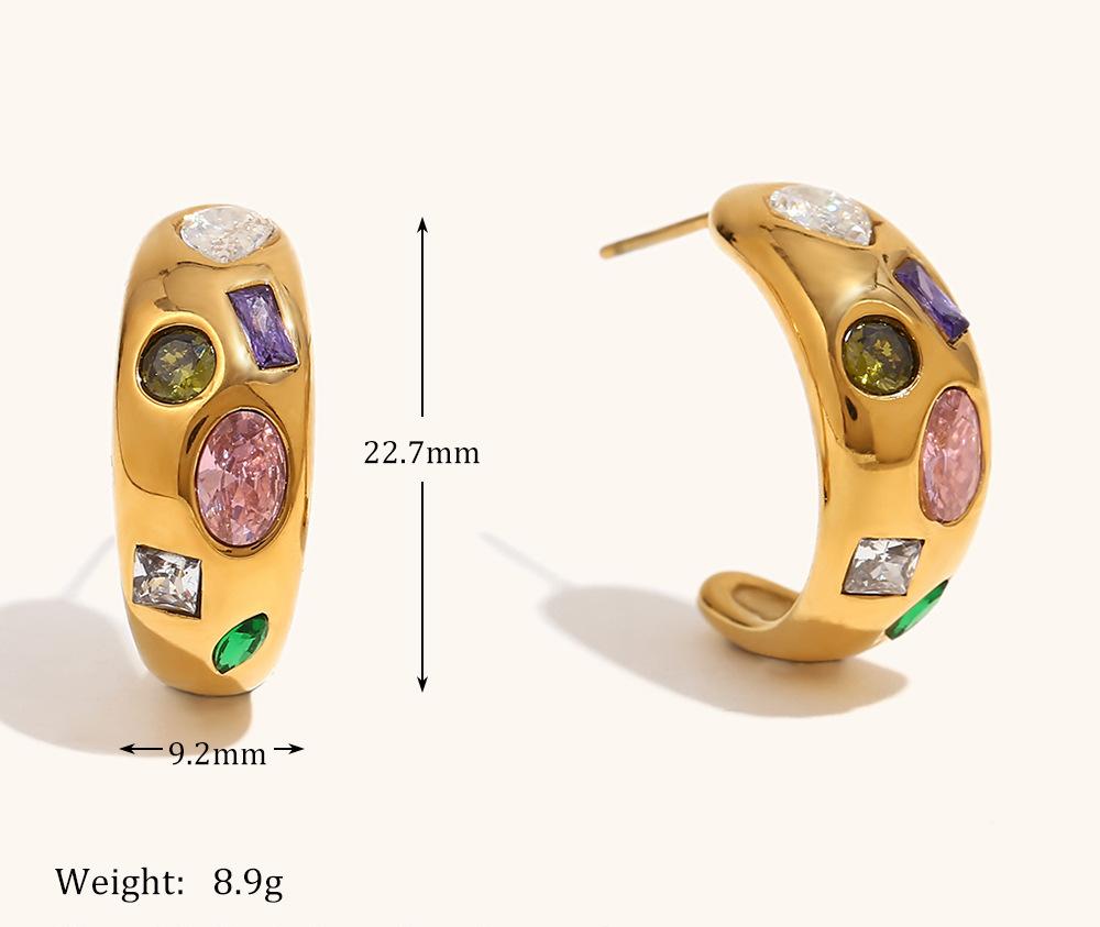 Geometric Moon Stud Earrings – 18K Gold with Micro-Pavé Colorful Gemstones