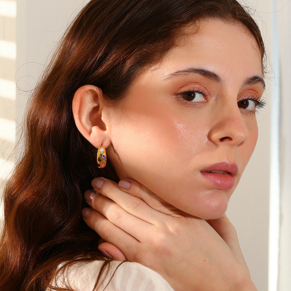 Geometric Moon Stud Earrings – 18K Gold with Micro-Pavé Colorful Gemstones