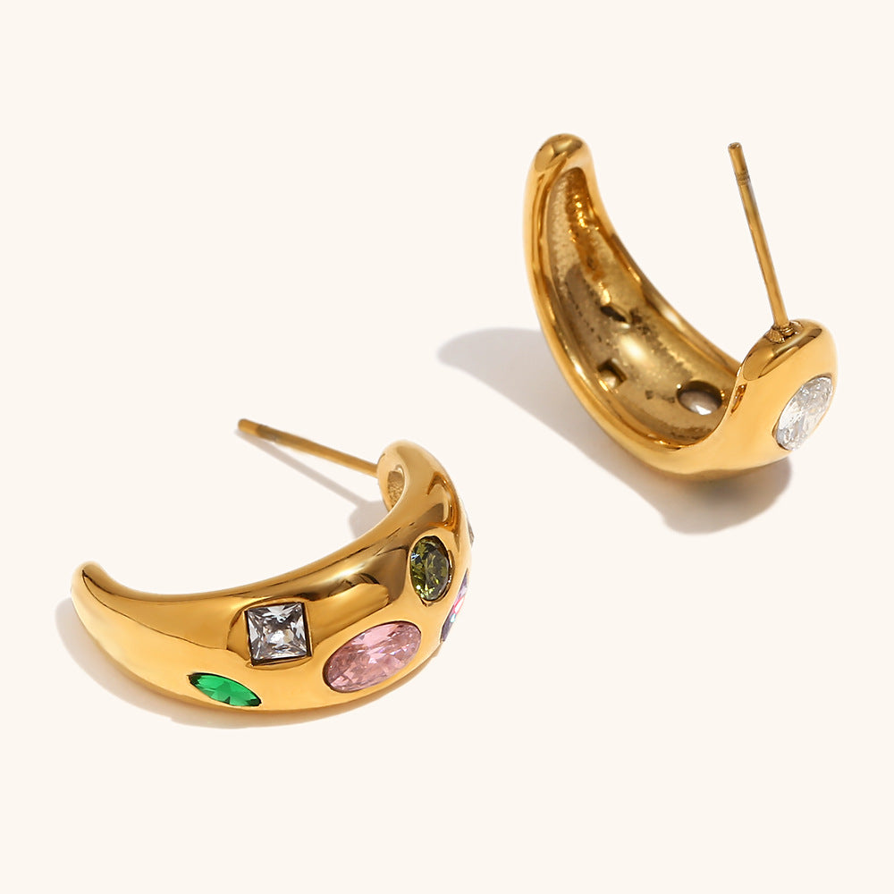 Geometric Moon Stud Earrings – 18K Gold with Micro-Pavé Colorful Gemstones