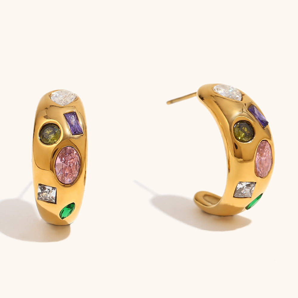 Geometric Moon Stud Earrings – 18K Gold with Micro-Pavé Colorful Gemstones
