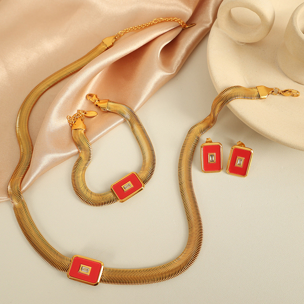 Flat Snake Chain Jewelry Set – Shell and Turquoise Necklace with Coordinated Bracelet & Earrings