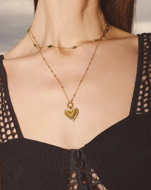 Gold Puffed Heart Necklace – Ridge Detail & Rope Ring, as Seen in Barbie