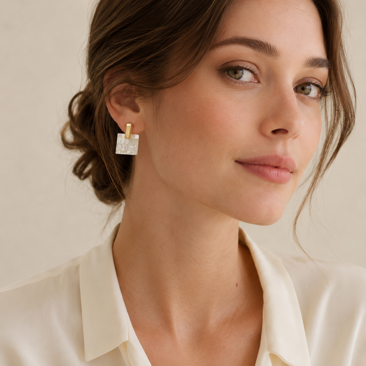 14K Gold Mother of Pearl Square Earrings