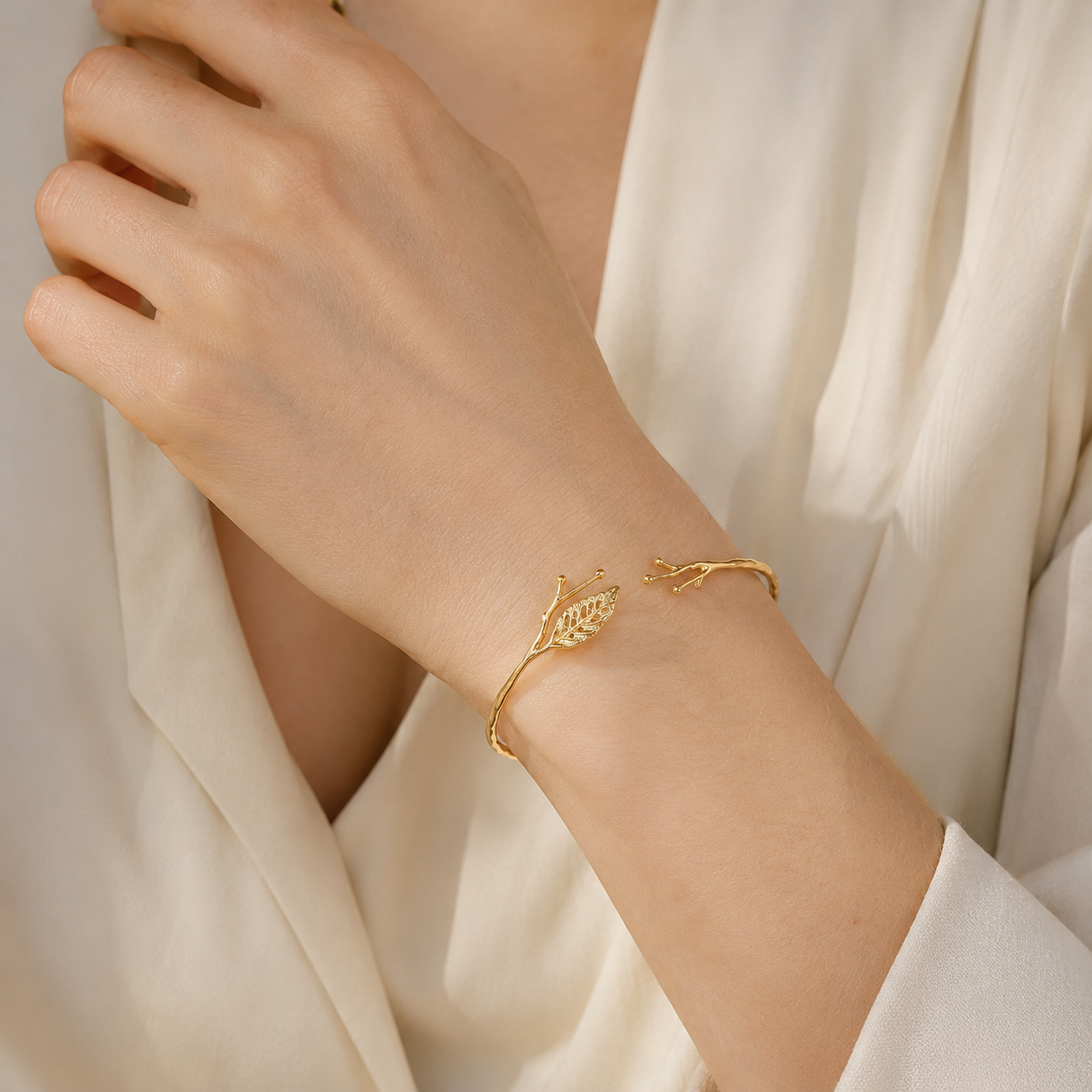 14K Gold Leaf Branch Open Cuff Bracelet