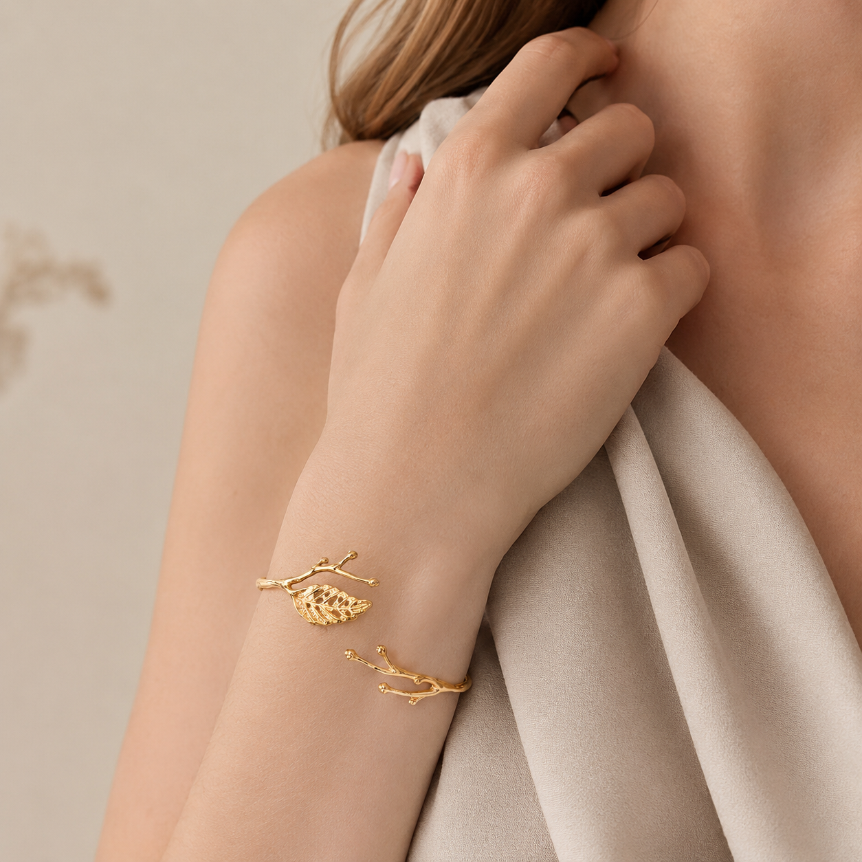 14K Gold Leaf Branch Open Cuff Bracelet