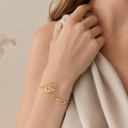 14K Gold Leaf Branch Open Cuff Bracelet
