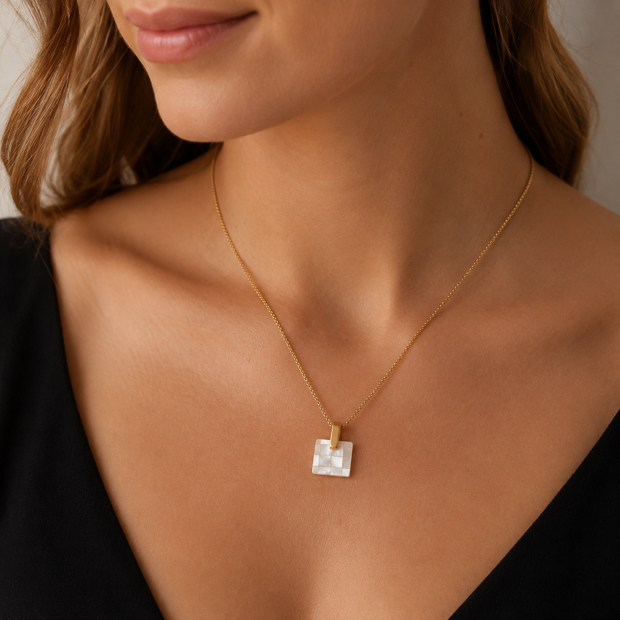 14K Gold Mother of Pearl Square Pendant Necklace