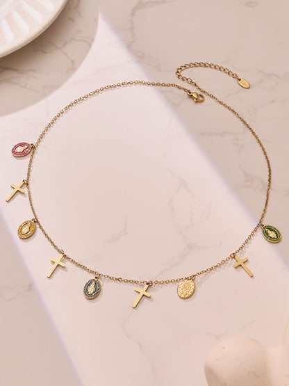 Oil Drip Goddess Round Pendant with Multiple Cross Charms Choker Necklace