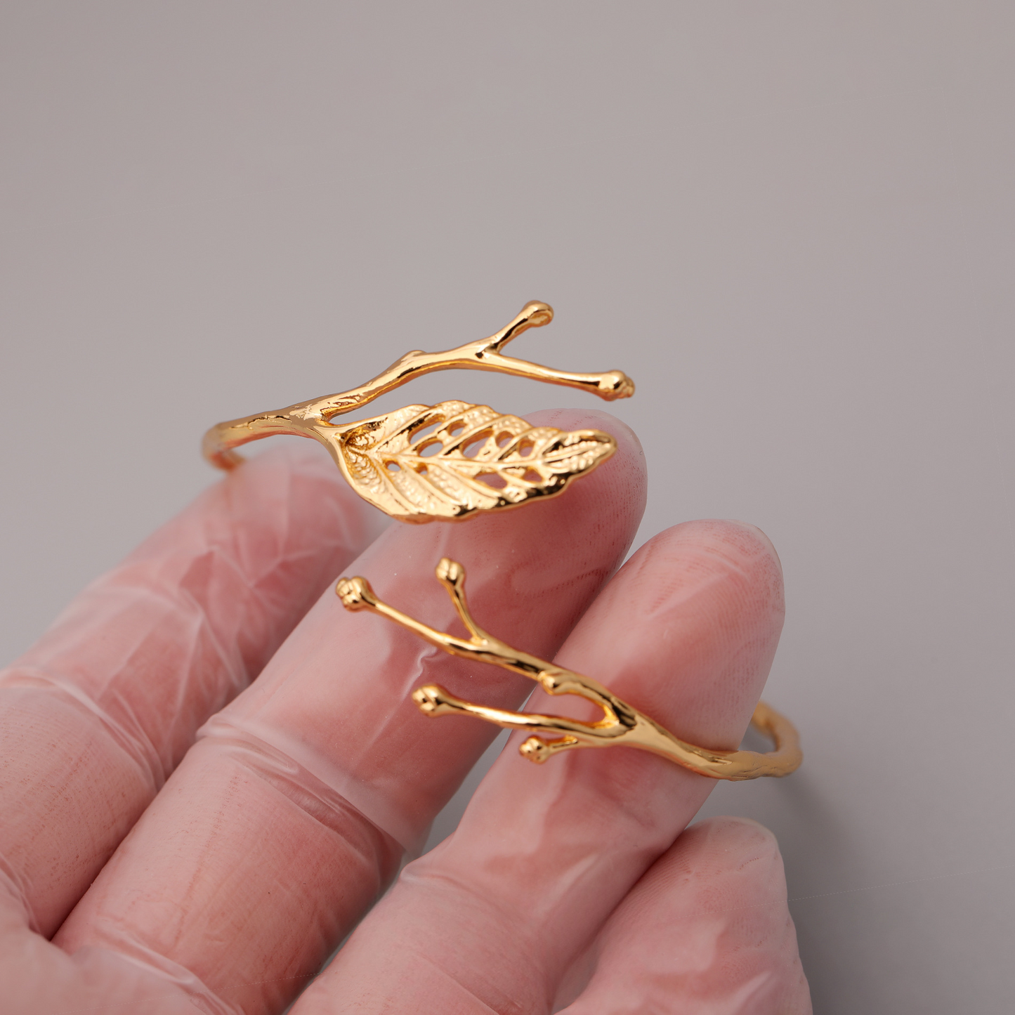 14K Gold Leaf Branch Open Cuff Bracelet