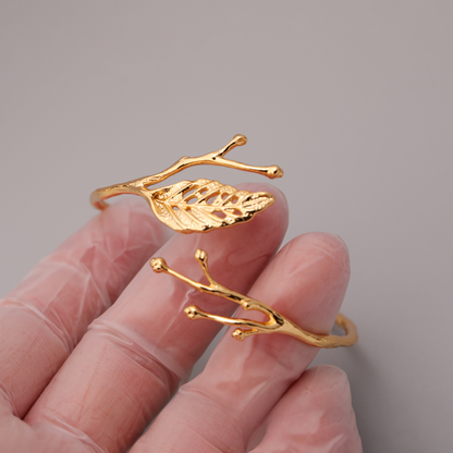 14K Gold Leaf Branch Open Cuff Bracelet