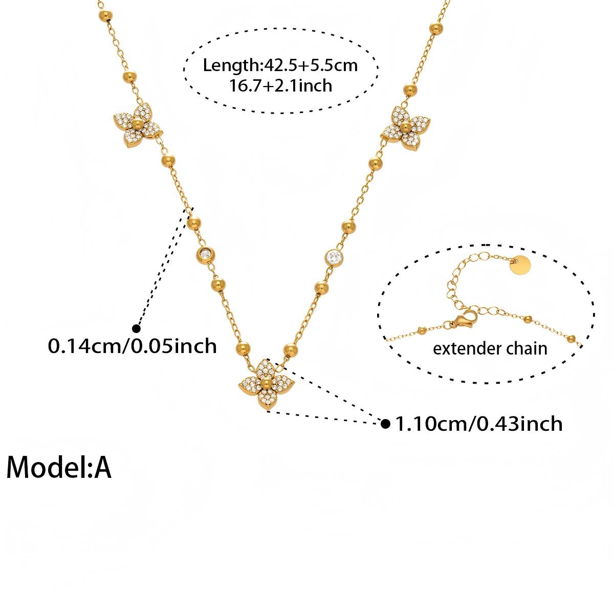 18K Gold Plated Floral Zirconia Bead Necklace & Bracelet Set with Geometric Earrings & Rings Jewelry Set