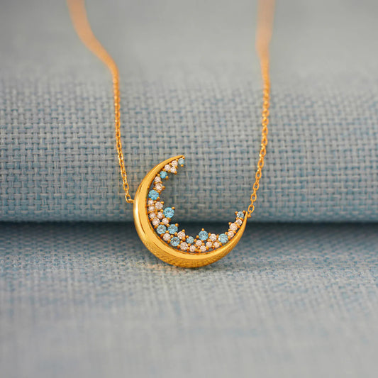 18K Gold Blue Glow Moonstone Zircon Necklace