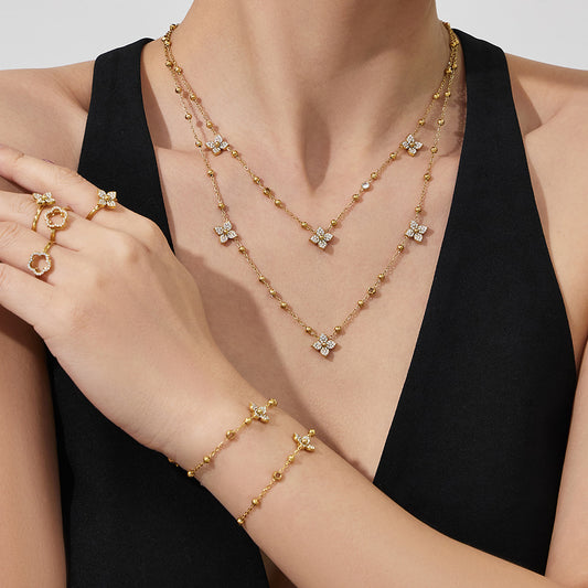 18K Gold Plated Floral Zirconia Bead Necklace & Bracelet Set with Geometric Earrings & Rings Jewelry Set