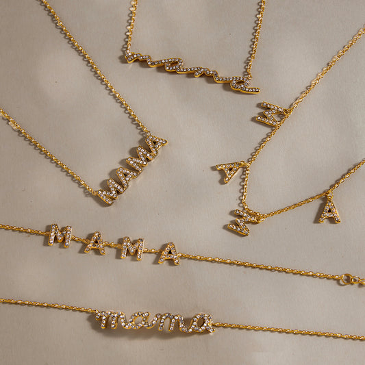 MAMA Diamond Letter Necklace – 18K Gold Plated Moissanite Mother's Day Gift
