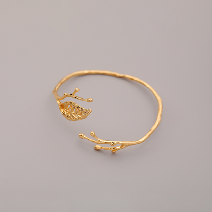 14K Gold Leaf Branch Open Cuff Bracelet