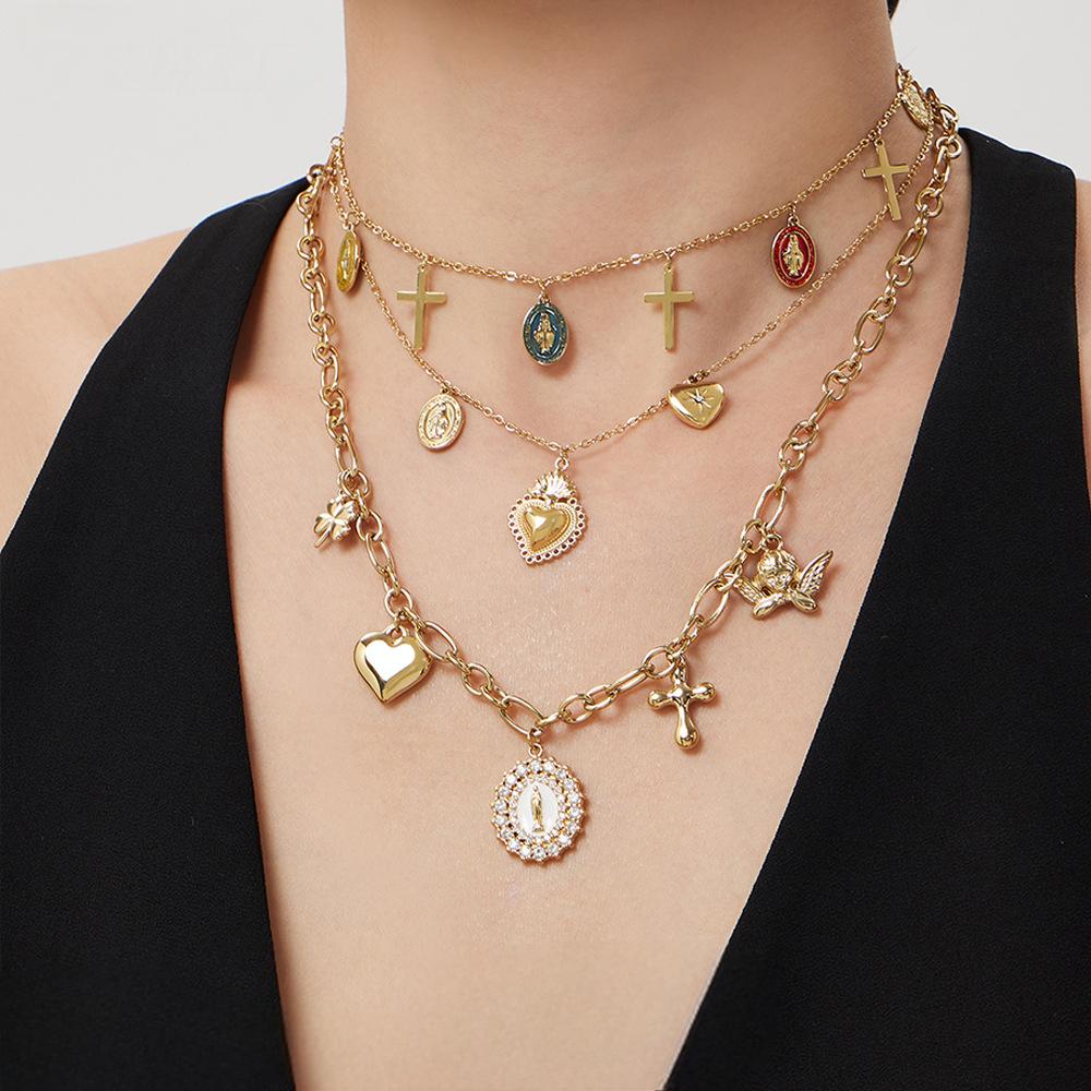 Oil Drip Goddess Round Pendant with Multiple Cross Charms Choker Necklace