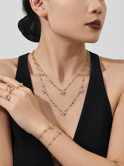 18K Gold Plated Floral Zirconia Bead Necklace & Bracelet Set with Geometric Earrings & Rings Jewelry Set