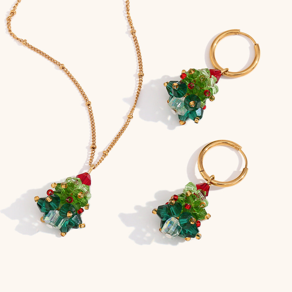 14k gold crystal Christmas tree earrings festive atmosphere necklace