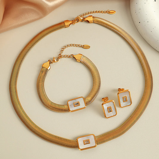 Flat Snake Chain Jewelry Set – Shell and Turquoise Necklace with Coordinated Bracelet & Earrings
