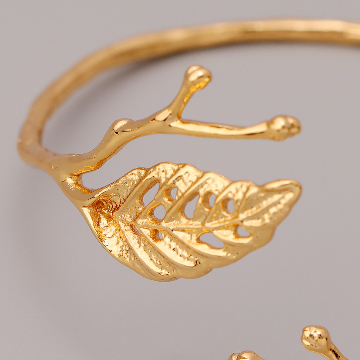 14K Gold Leaf Branch Open Cuff Bracelet