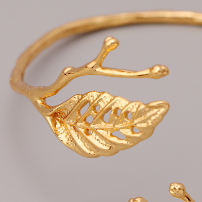 14K Gold Leaf Branch Open Cuff Bracelet