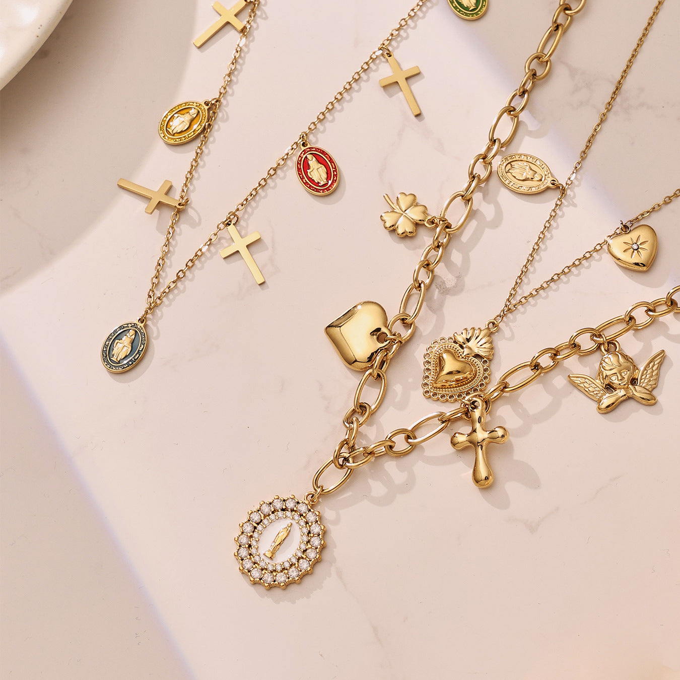 Oil Drip Goddess Round Pendant with Multiple Cross Charms Choker Necklace