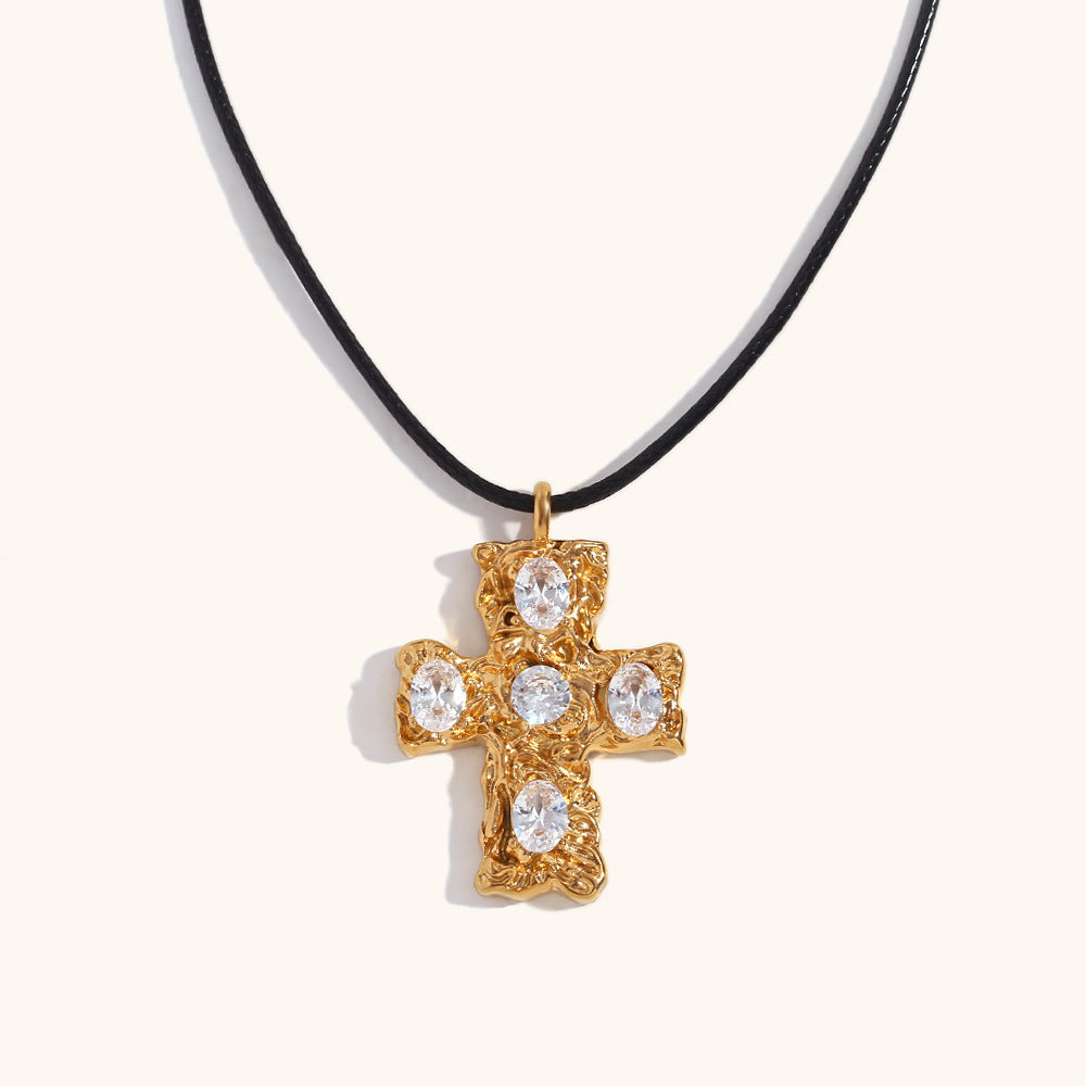 14K gold multicolored diamond hammered pattern cross black rope necklace