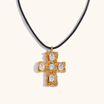 14K gold multicolored diamond hammered pattern cross black rope necklace