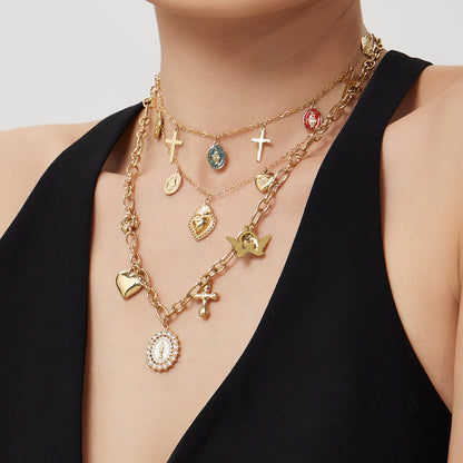 Oil Drip Goddess Round Pendant with Multiple Cross Charms Choker Necklace