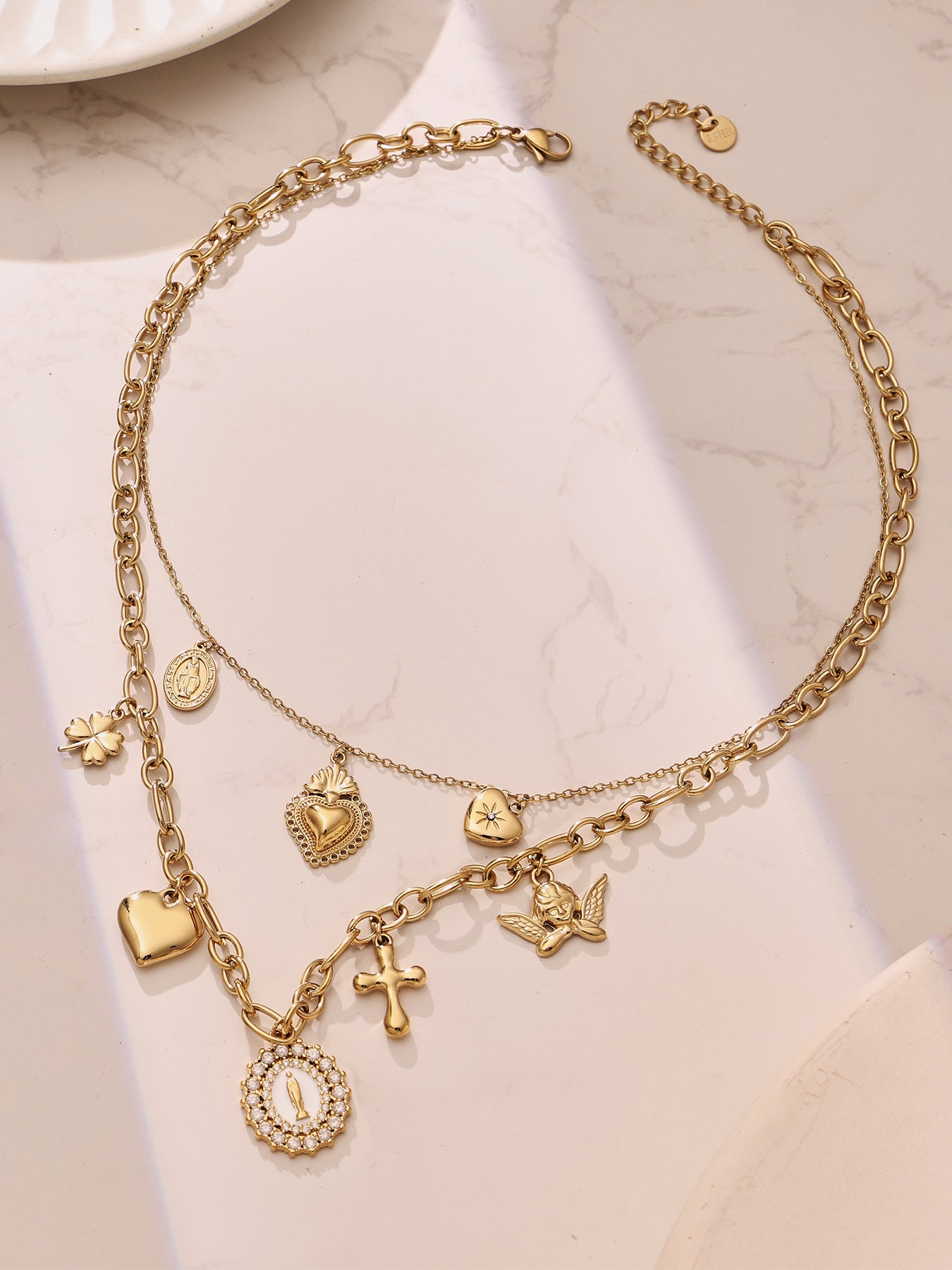 Oil Drip Goddess Round Pendant with Multiple Cross Charms Choker Necklace