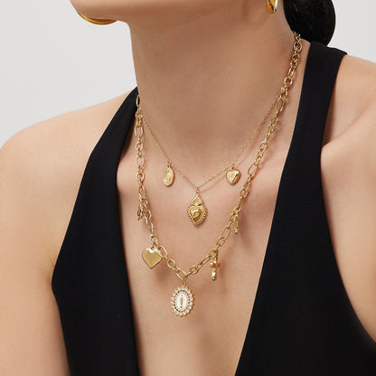 Oil Drip Goddess Round Pendant with Multiple Cross Charms Choker Necklace