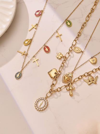 Oil Drip Goddess Round Pendant with Multiple Cross Charms Choker Necklace