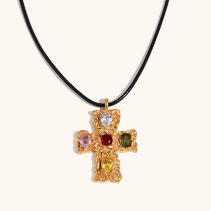 14K gold multicolored diamond hammered pattern cross black rope necklace