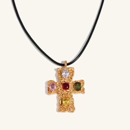 14K gold multicolored diamond hammered pattern cross black rope necklace