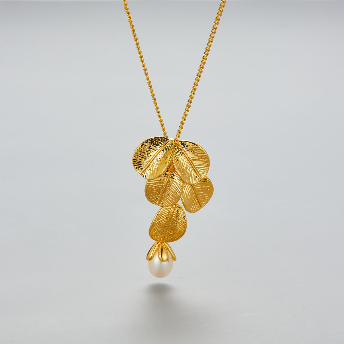 14K Gold Leaf Pearl Long Necklace