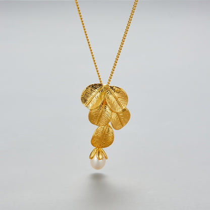 14K Gold Leaf Pearl Long Necklace