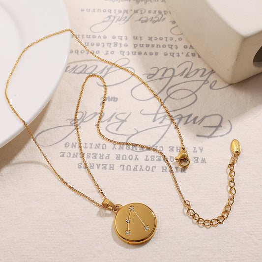 Zodiac Pendant Necklace with Diamond Inlay – 12 Astrological Sign Round Charms