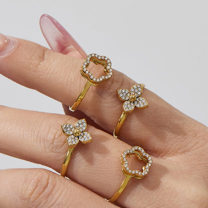 18K Gold Plated Floral Zirconia Bead Necklace & Bracelet Set with Geometric Earrings & Rings Jewelry Set